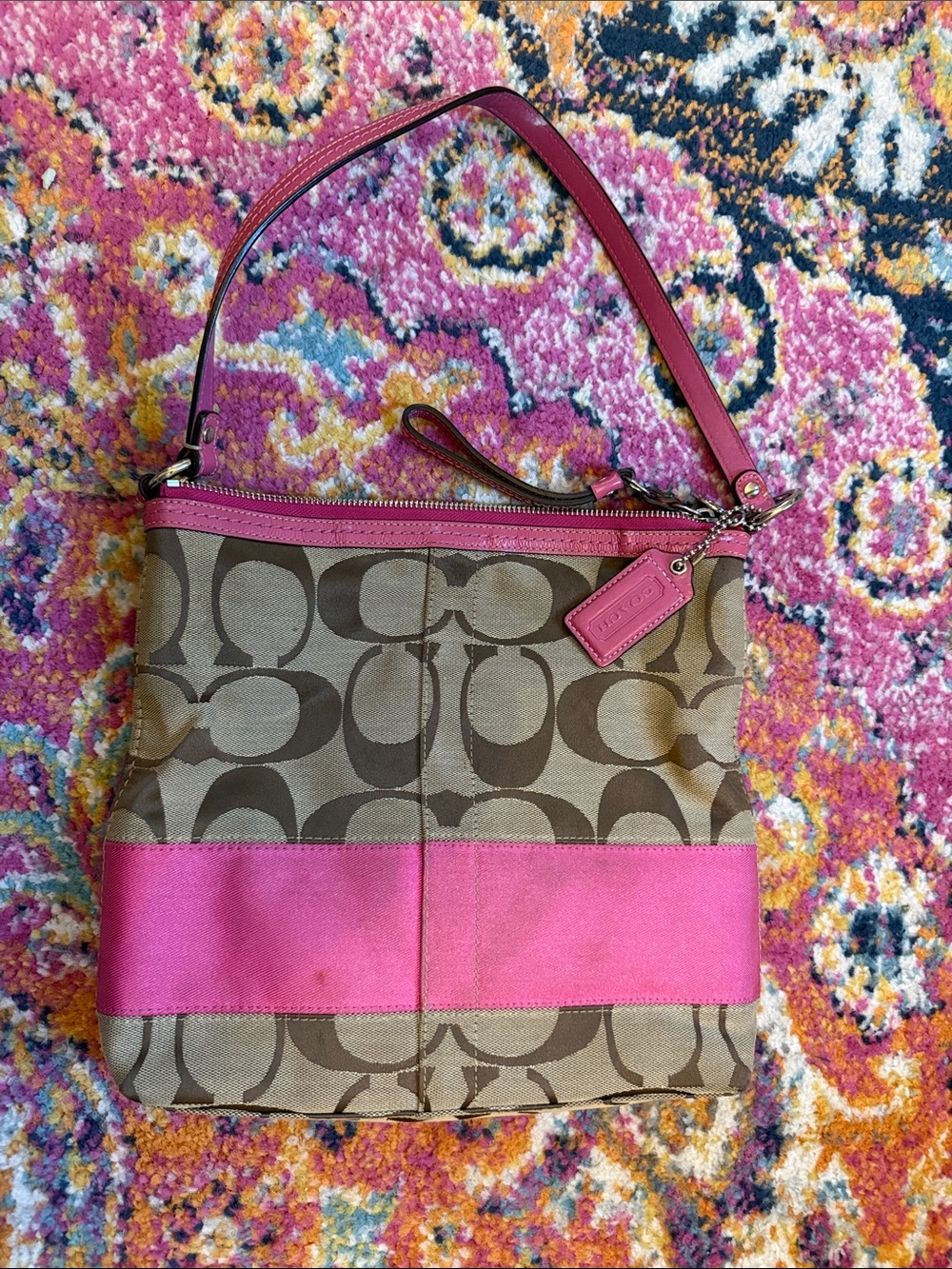 Coach Canvas Y2K Shoulder Bag with Pink Trim